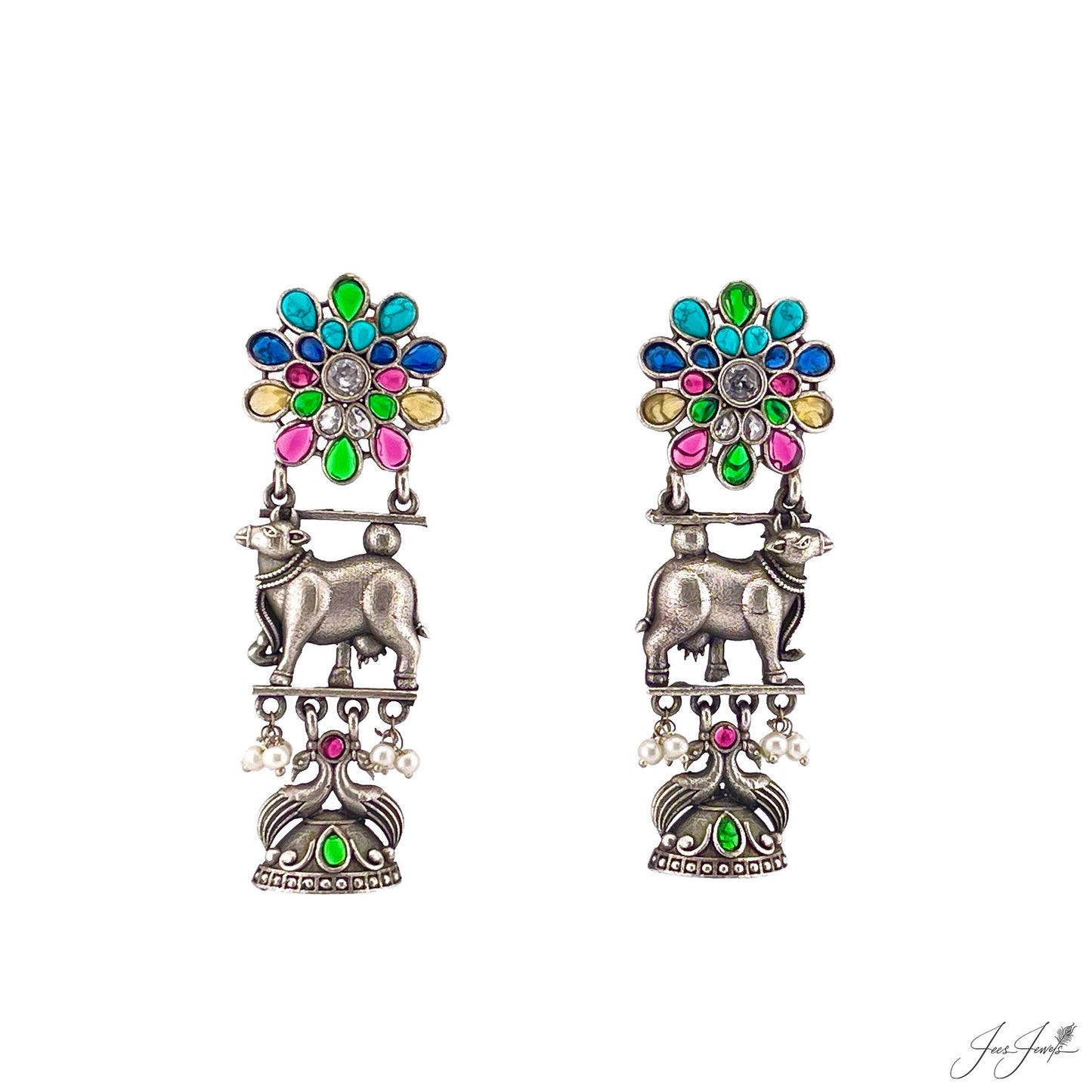 Multi-color Stone Earrings Featuring Nandi in Metallic Finish