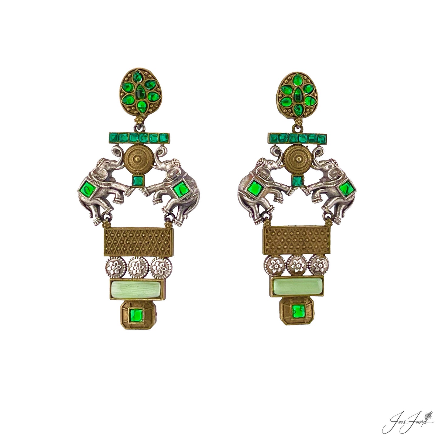 Green Kemp Stone & Monalisa Stone Earrings in Matte Gold & Silver Finish