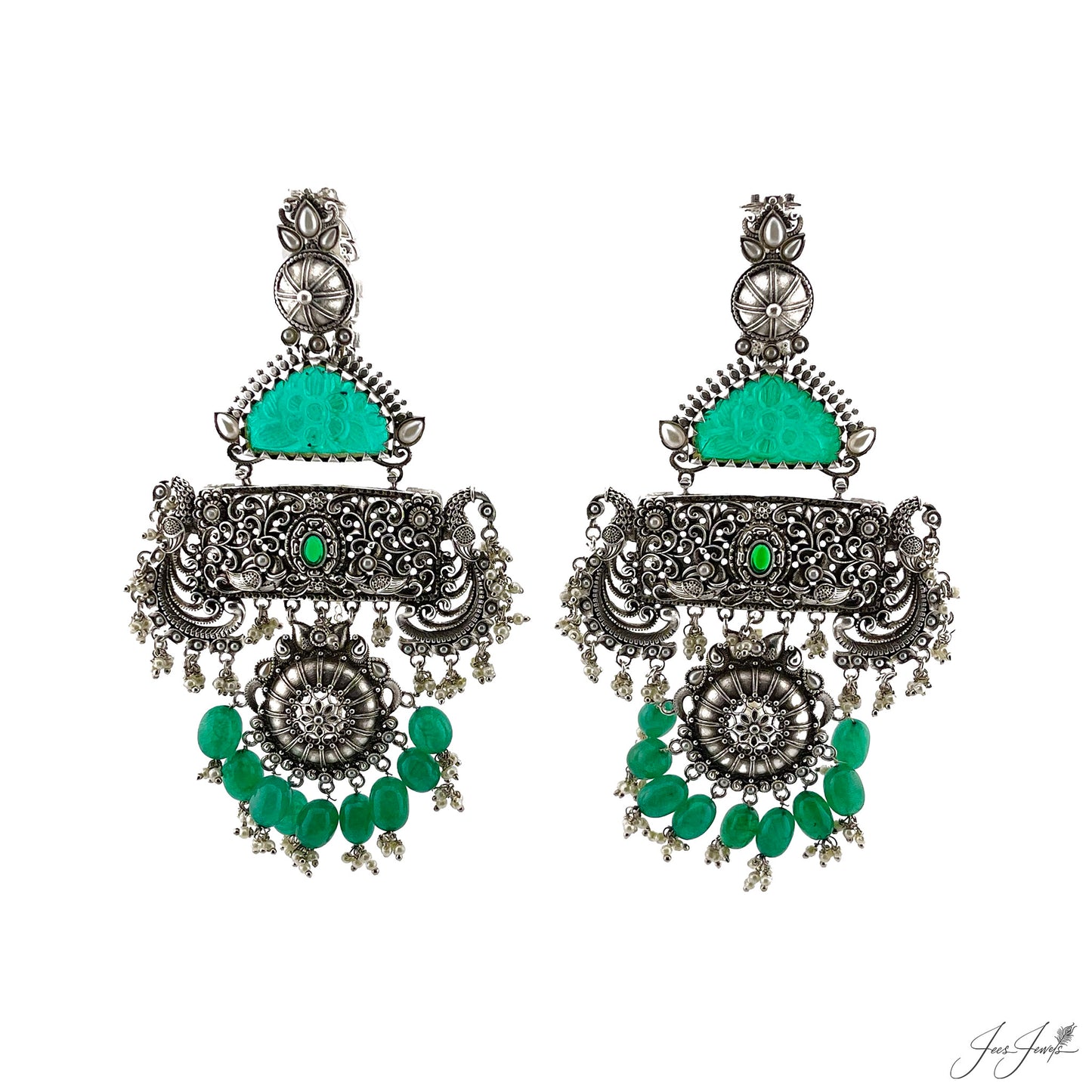 Emerald Green Carving Stone Long Earrings in 92.5 Silver Finish