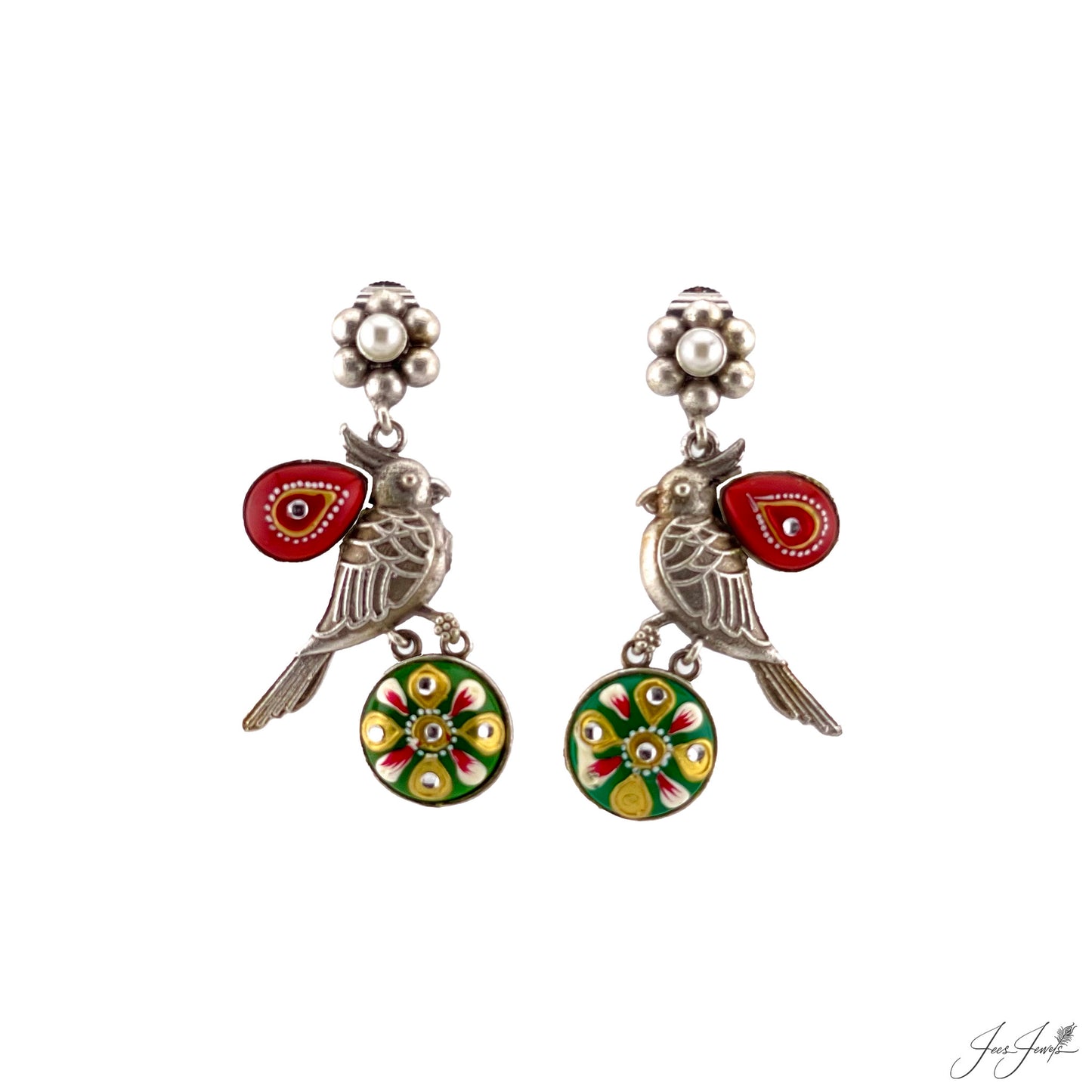 Hand-painted Bird Shape Earrings with Red and Green Monalisa Stone