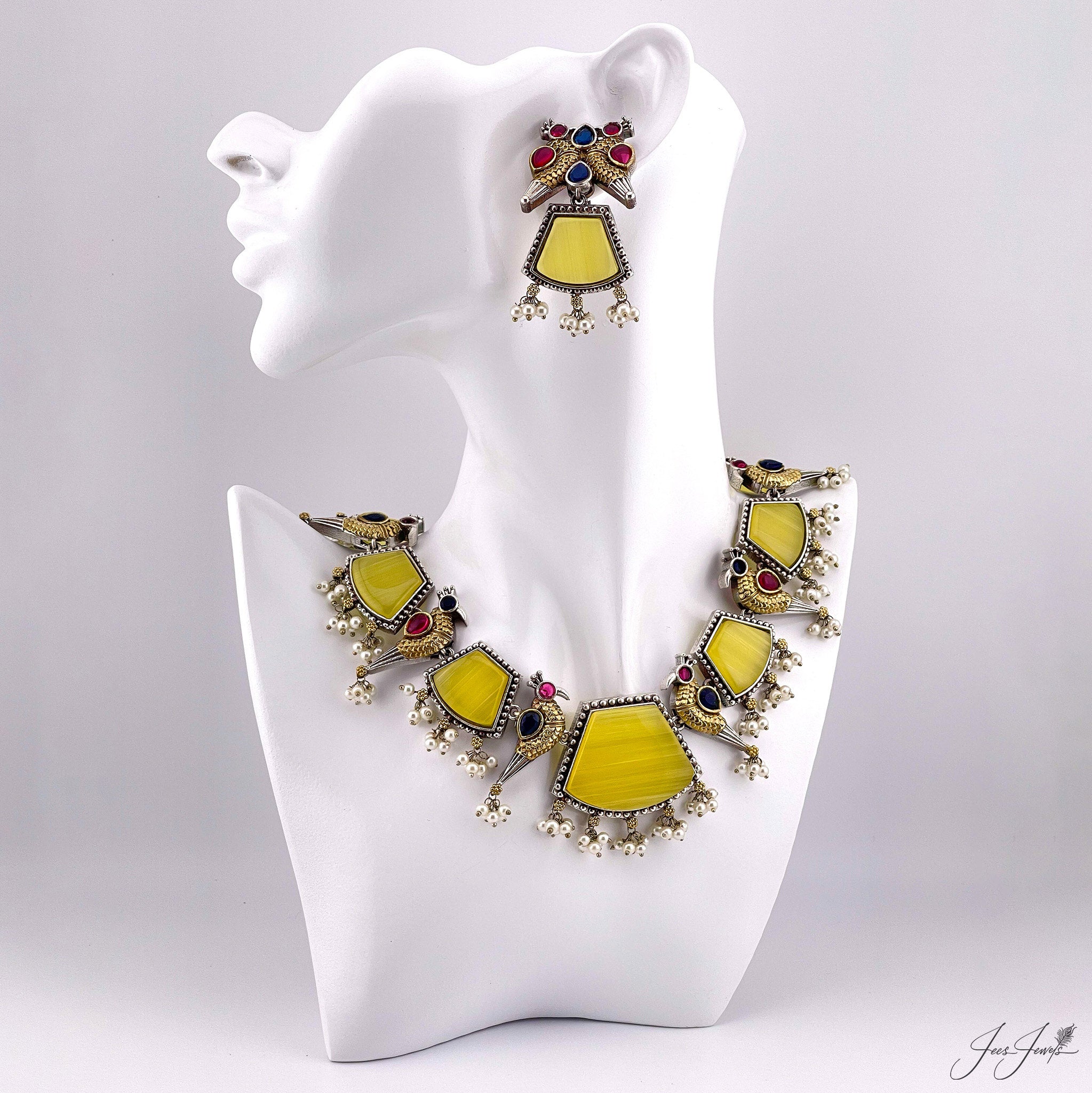 CATALYST 4 Layer Pearl and Stone Necklace Jewellery Set With Earrings For  Women (Yellow)